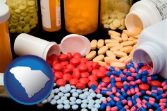 south-carolina map icon and pharmaceutical products