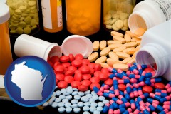 wisconsin map icon and pharmaceutical products