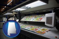 alabama map icon and a commercial offset printing press