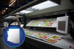 arizona map icon and a commercial offset printing press