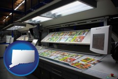 connecticut map icon and a commercial offset printing press