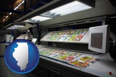 illinois map icon and a commercial offset printing press