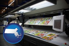 massachusetts map icon and a commercial offset printing press