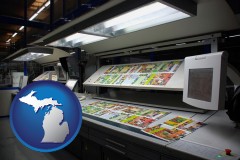 michigan map icon and a commercial offset printing press