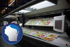 wisconsin map icon and a commercial offset printing press
