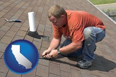 california map icon and a roofing project contractor and equipment