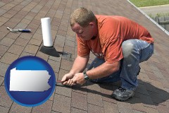 pennsylvania map icon and a roofing project contractor and equipment
