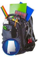 alabama map icon and a backpack filled with school supplies