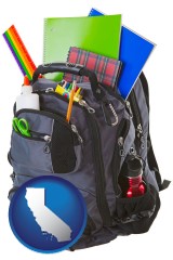 california map icon and a backpack filled with school supplies