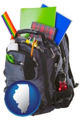 illinois map icon and a backpack filled with school supplies
