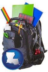 louisiana map icon and a backpack filled with school supplies