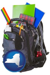 new-york map icon and a backpack filled with school supplies