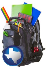 texas map icon and a backpack filled with school supplies
