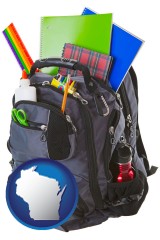 wisconsin map icon and a backpack filled with school supplies