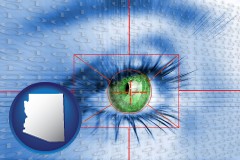 arizona map icon and an iris-scanning security system