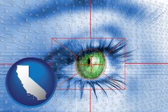 california map icon and an iris-scanning security system