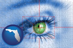 florida map icon and an iris-scanning security system
