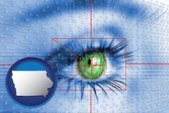 iowa map icon and an iris-scanning security system