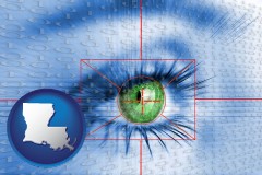 louisiana map icon and an iris-scanning security system