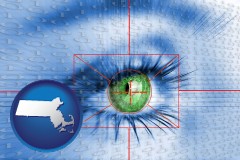 massachusetts map icon and an iris-scanning security system