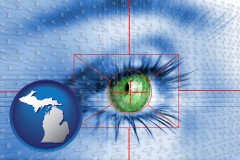 michigan map icon and an iris-scanning security system