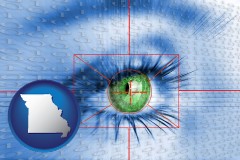 missouri map icon and an iris-scanning security system