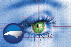 north-carolina map icon and an iris-scanning security system