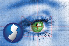 new-jersey map icon and an iris-scanning security system