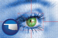 oklahoma map icon and an iris-scanning security system