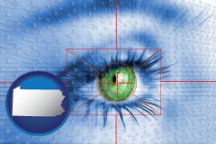 pennsylvania map icon and an iris-scanning security system