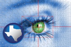 texas map icon and an iris-scanning security system