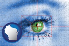 wisconsin map icon and an iris-scanning security system