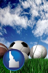 idaho map icon and a football, a golf ball, a soccer ball, a tennis ball, and a volleyball