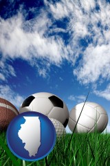 illinois map icon and a football, a golf ball, a soccer ball, a tennis ball, and a volleyball