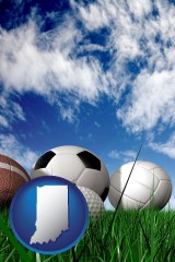 indiana map icon and a football, a golf ball, a soccer ball, a tennis ball, and a volleyball