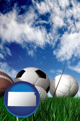 kansas map icon and a football, a golf ball, a soccer ball, a tennis ball, and a volleyball