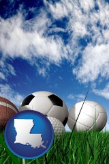 louisiana map icon and a football, a golf ball, a soccer ball, a tennis ball, and a volleyball