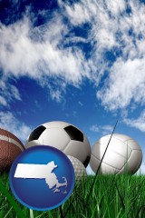 massachusetts map icon and a football, a golf ball, a soccer ball, a tennis ball, and a volleyball
