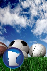 minnesota map icon and a football, a golf ball, a soccer ball, a tennis ball, and a volleyball