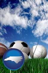 north-carolina map icon and a football, a golf ball, a soccer ball, a tennis ball, and a volleyball