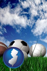 new-jersey map icon and a football, a golf ball, a soccer ball, a tennis ball, and a volleyball