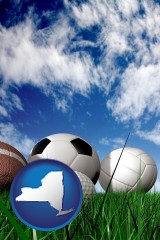 new-york map icon and a football, a golf ball, a soccer ball, a tennis ball, and a volleyball