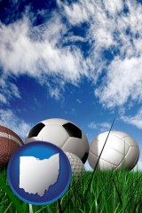 ohio map icon and a football, a golf ball, a soccer ball, a tennis ball, and a volleyball