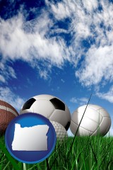 oregon map icon and a football, a golf ball, a soccer ball, a tennis ball, and a volleyball
