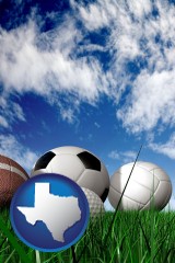 texas map icon and a football, a golf ball, a soccer ball, a tennis ball, and a volleyball