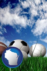 wisconsin map icon and a football, a golf ball, a soccer ball, a tennis ball, and a volleyball
