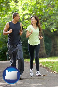 sportswear-attired joggers in a park - with Oregon icon