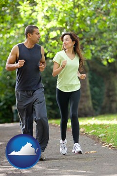 sportswear-attired joggers in a park - with Virginia icon