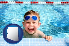 arizona map icon and a boy in a swimming pool