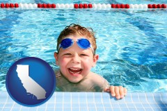 california map icon and a boy in a swimming pool